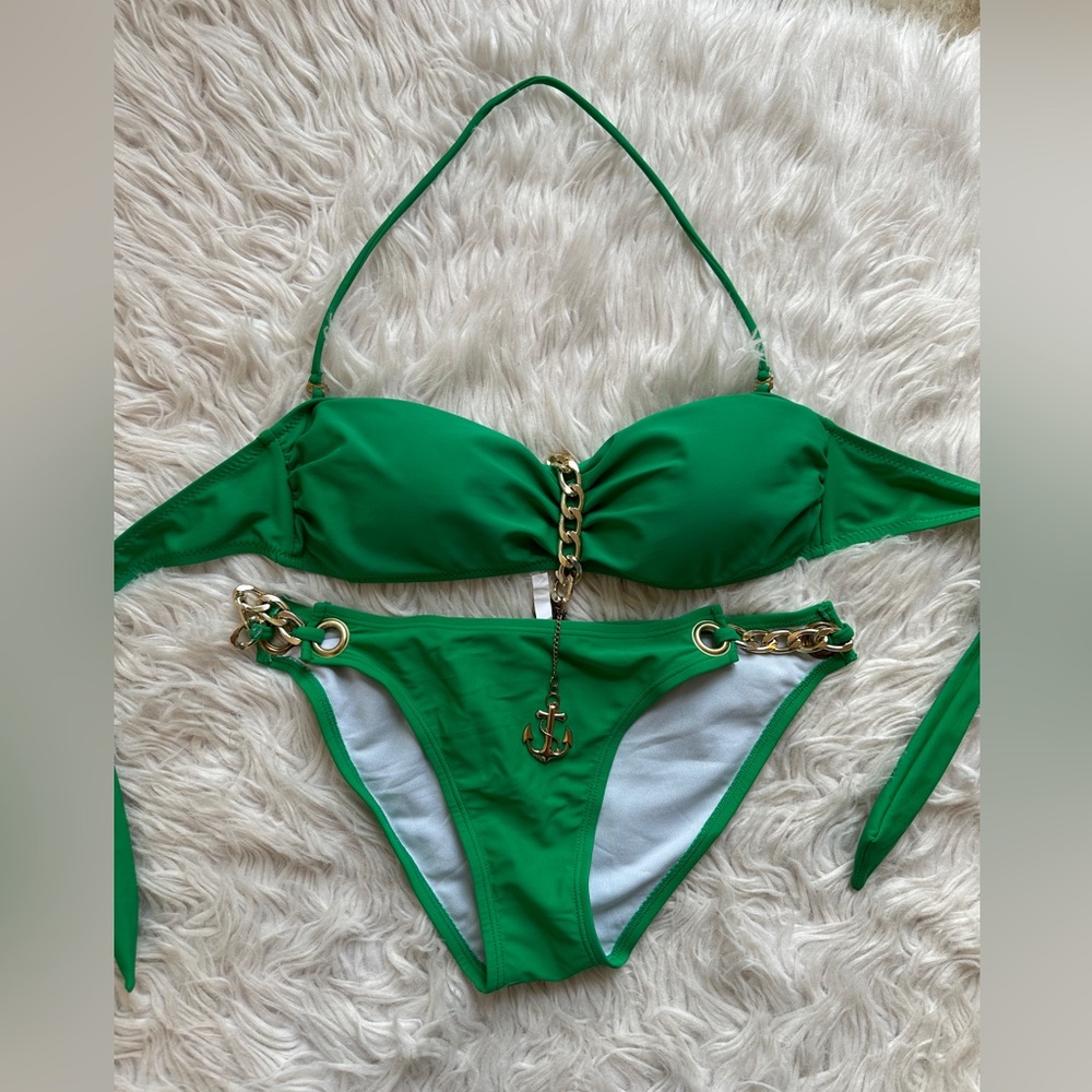Emerald green bikini. Gold accents. Size Large runs small. New without tags. - Picture 5 of 13